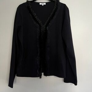 Carducci XL Black Cardigan Beaded Faux Fur Lace Trim Sweater Mob Wife whimsigoth